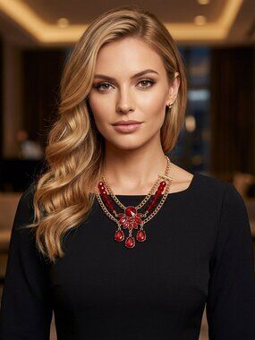 Bijou  3 row gold chain with red crystal stones necklace